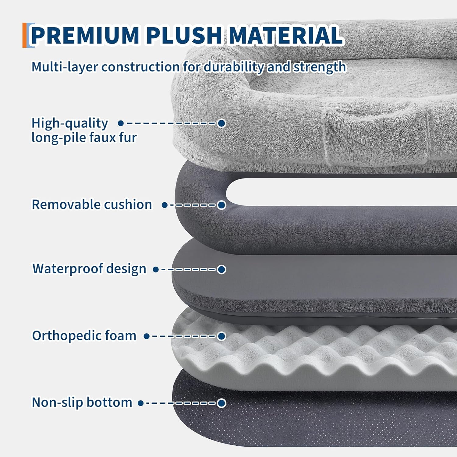 Rugerasy 65 Inch Large Gaint Shared Bed for People Pets,Human Dog Bed for Adult,Washable Faux Fur Removable Nap Bed Bean Bag with Handle Side Pocket,Light Gray