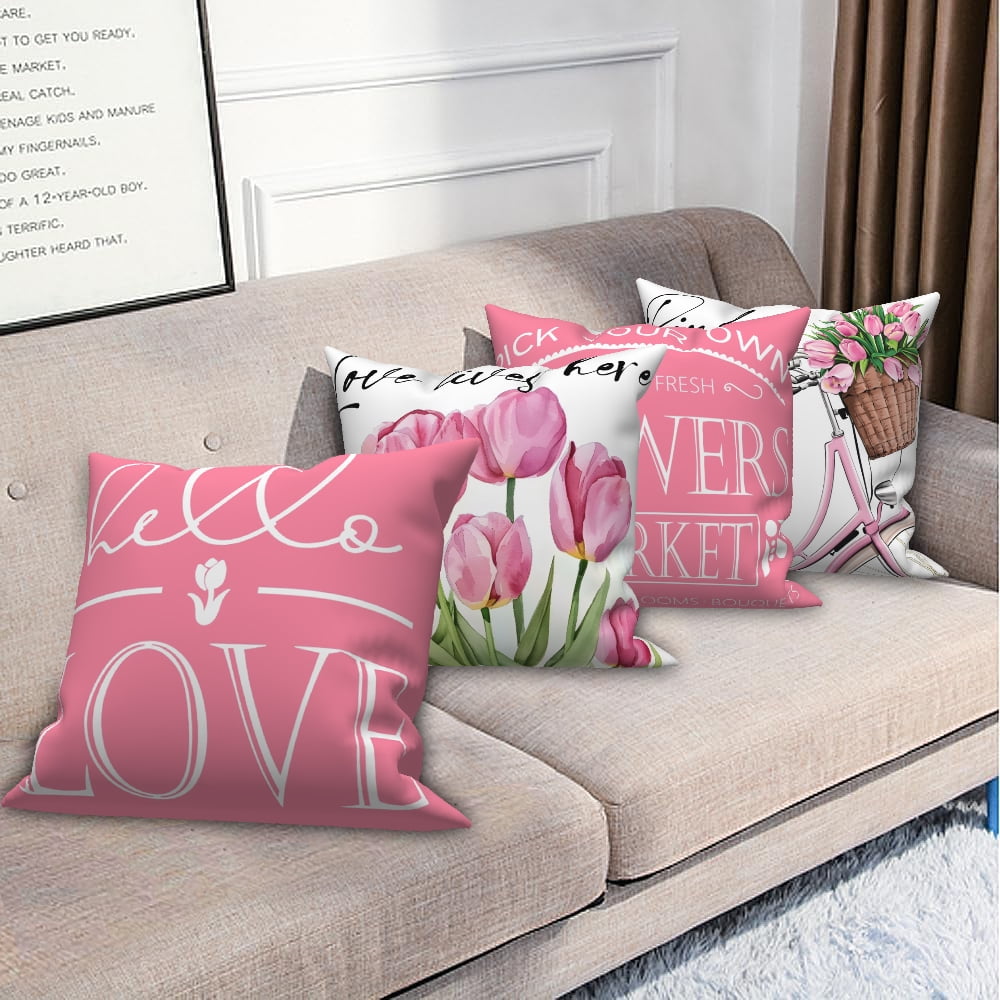Dashan Spring Floral Throw Pillow Covers 20x20 Set of 4,Pink Tulips Flowers Decorative Pillow Cases for Bedroom Sofa Couch