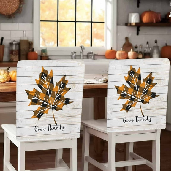 Thanksgiving Fall Chair Covers Set of 4 Orange Buffalo Plaid Pumpkin Leaves Chair Back Covers Stretch Removable Washable Slipcovers Protector for Dining Room Kitchen Party Decor