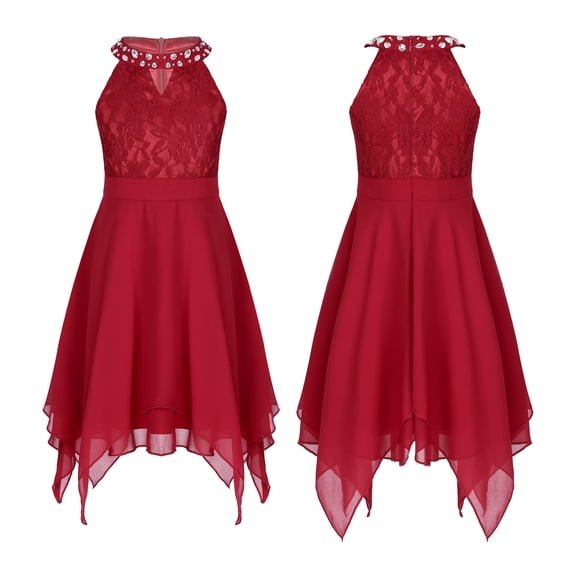 iiniim Girls Halter Neck High-Low Junior Bridesmaid Pageant Formal Floral Lace Party Ball Gown Dress