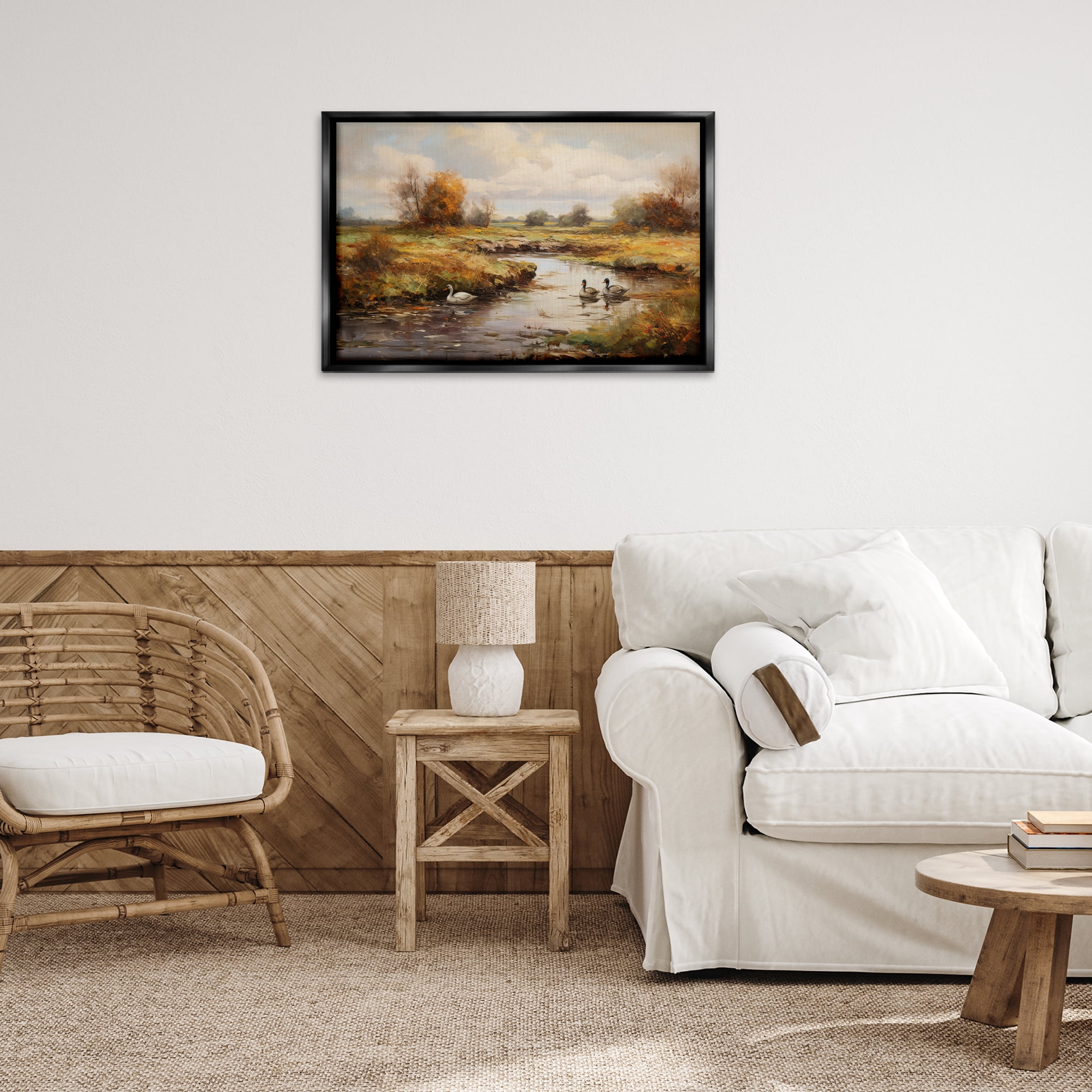 Stupell Industries Ducky Days Landscape Landscape & Nature Painting Black Floater Framed Canvas Art Print Wall Art, 31 x 21