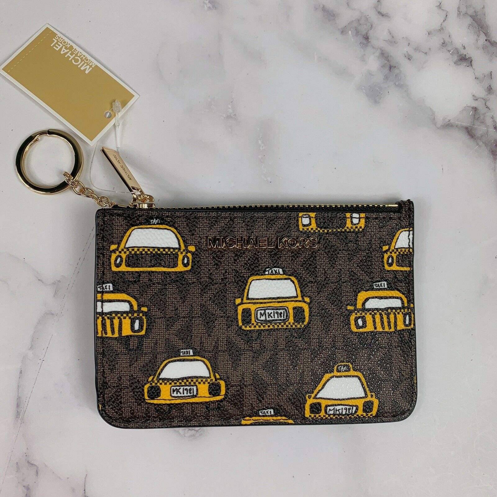 Michael Kors Nyc Jst Sm Coinpouch Id Holder Leather Wallet Mk Brown Yello Taxi - image 2 of 3
