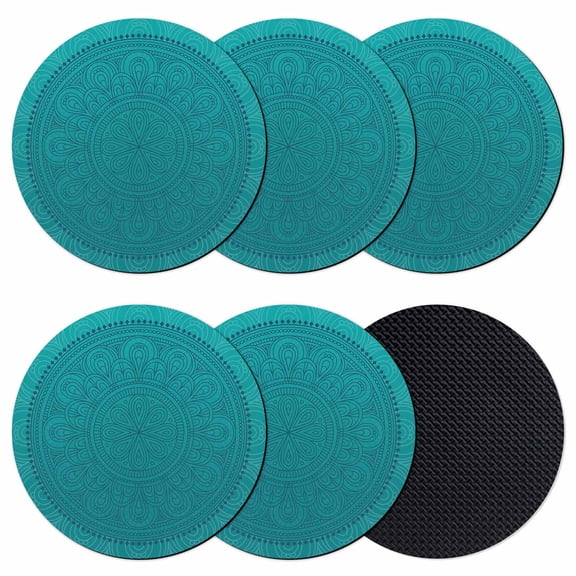 Teal Boho Coasters Set of 6, Farmhouse Abstract Geometric Aesthetic Art Absorbent Coasters for Drinks, Coaster for Bar Office Dining Coffee Table Accessories Decor, Non Slip Round Desk Coaster