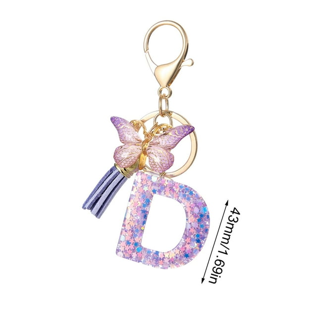 Car Key Chain with 26-Letter Resin Pendant Butterfly Design and Gradient Tassel
