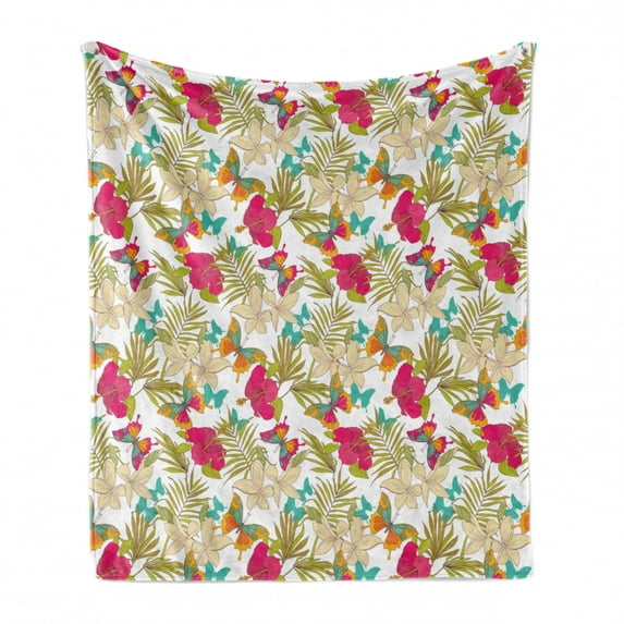 Hawaiian Soft Flannel Fleece Throw Blanket, Tropical Frangipani and Hibiscus Blossoms Exotic Butterflies with Palm Leaves, Cozy Plush for Indoor and Outdoor Use, 50" x 70", Multicolor, by Ambesonne