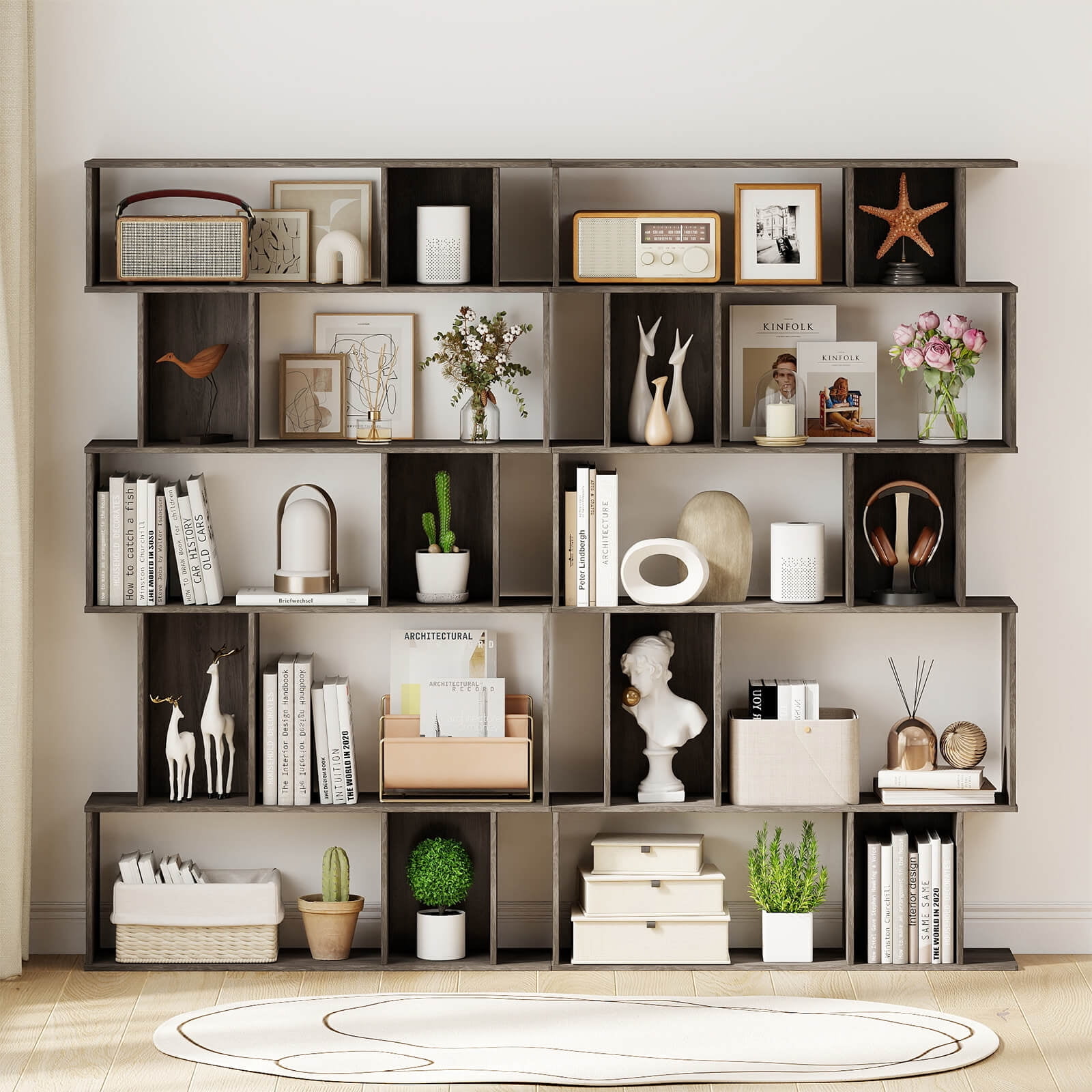 Costway 1 PCS 5-Tier Geometric Bookshelf with Open Shelves & Closed-back Cubes for Living Room Gray Oak