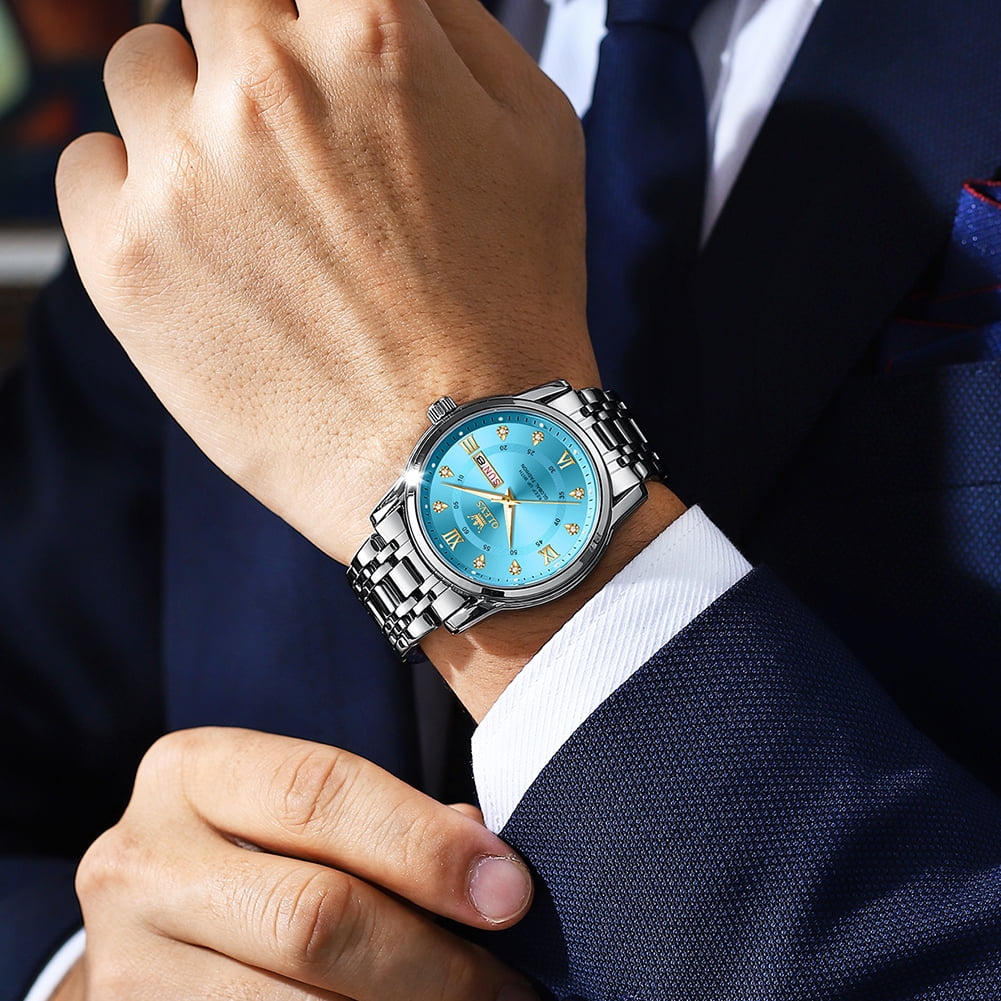 OLEVS Watches for Men Classic Business Dress Analog Quartz Stainless Steel Waterproof Luminous Date Diamond Mens Wrist Watches Relojes De Hombre,Gold/Blue/Black Dial