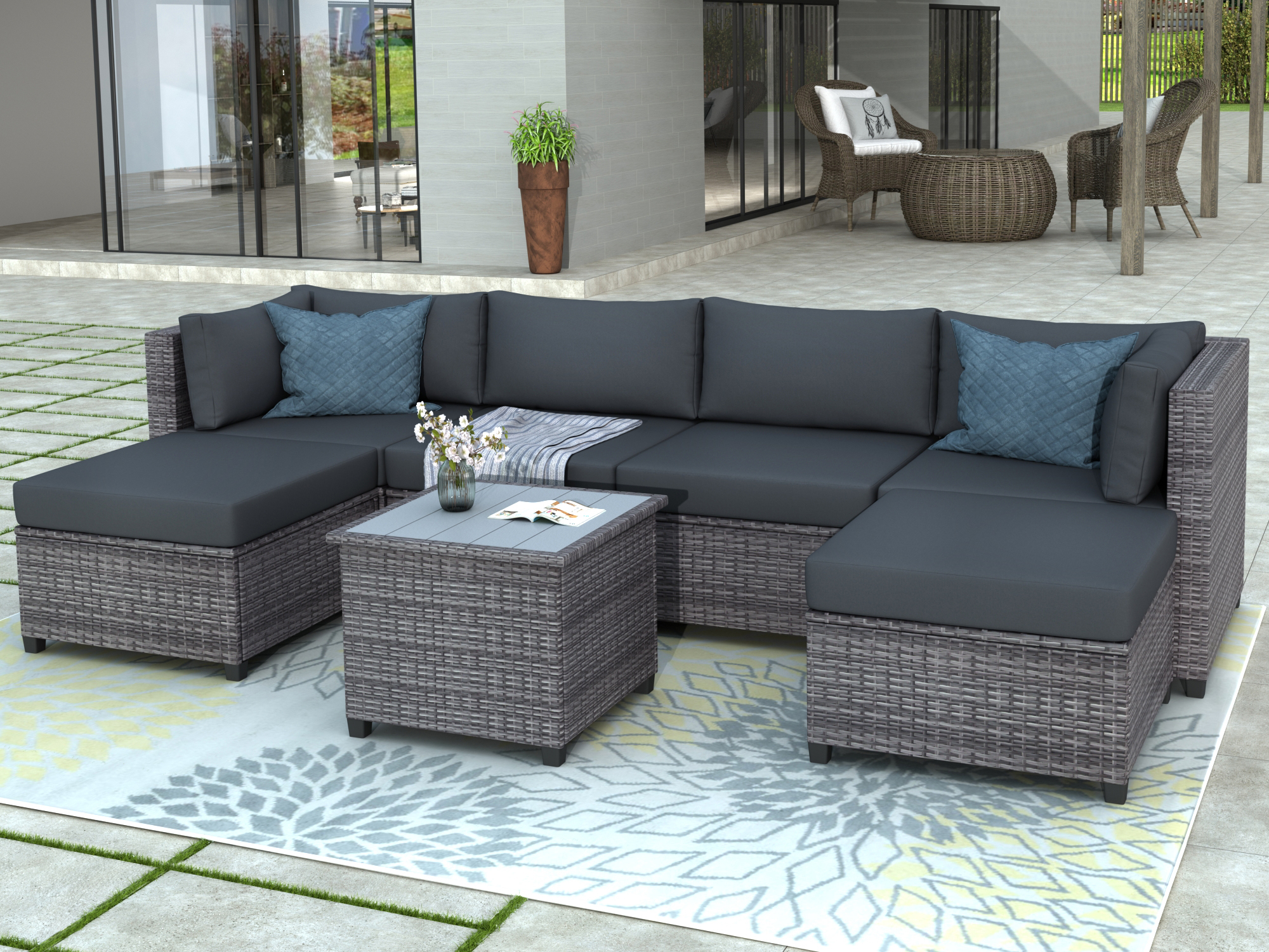 Wicker Patio Sets, 7 Piece Patio Furniture Sofa Sets with 4 PE Wicker Sofas, 2 Ottoman, Coffee Table, All-Weather Patio Conversation Set with Cushions for Backyard, Porch, Garden, Poolside, LLL39 - image 1 of 10