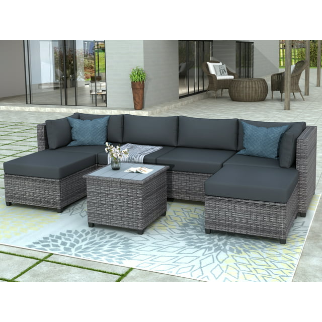Wicker Patio Sets, 7 Piece Patio Furniture Sofa Sets with 4 PE Wicker Sofas, 2 Ottoman, Coffee Table, All-Weather Patio Conversation Set with Cushions for Backyard, Porch, Garden, Poolside, LLL39