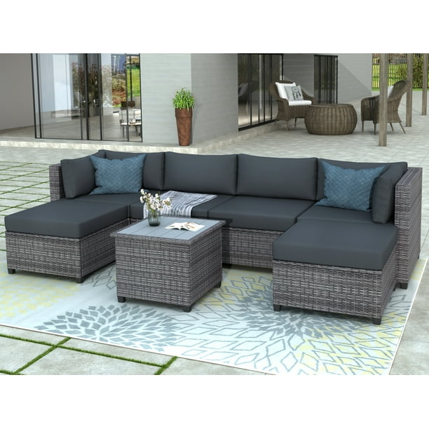 Clearance Wicker Patio Sets 7 Piece Furniture With 4 Rattan Chairs 2 Ottoman Coffee Table All Weather Conversation Set Cushions For Backyard Garden Poolside L5014 Com - Clearance Patio Cushions Set Of 4