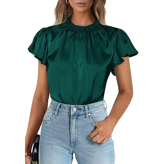 PRETTYGARDEN Business Casual Tops for Women Blouses Dressy Summer Short Sleeve Ruffle Satin Work Office Attire