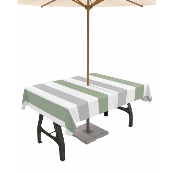Outdoor Tablecloth with Umbrella Hole for Patio/Picnic/Party/Camping, Sage Green Grey Stripe Waterproof Table Cloth Rectangle Table Cover Washable, Modern Farmhouse Vertical Striped 52"x 70"