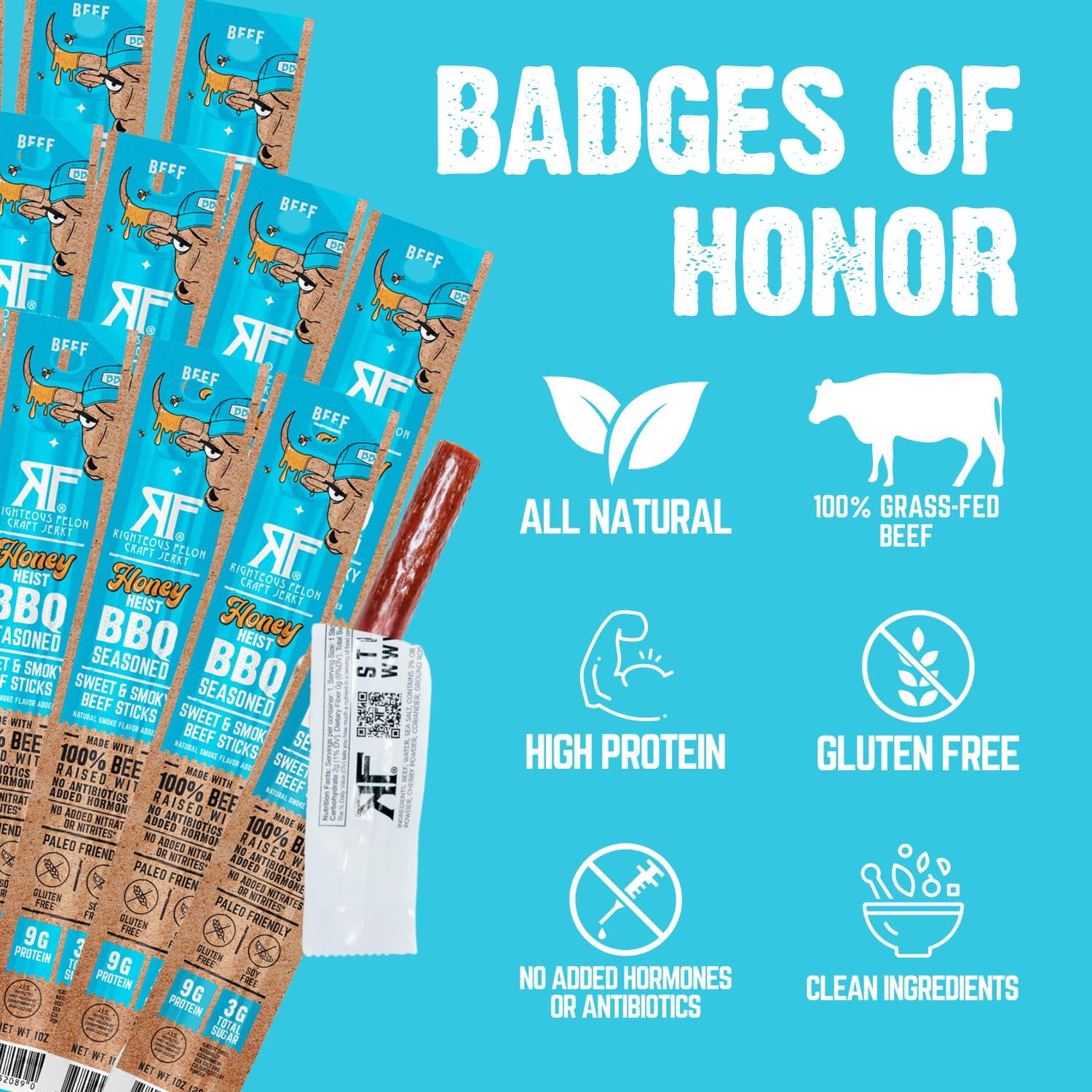 Righteous Felon Grass-Fed Meat Sticks - Low Sugar, High Protein Beef - Honey Heist BBQ, 10 pack