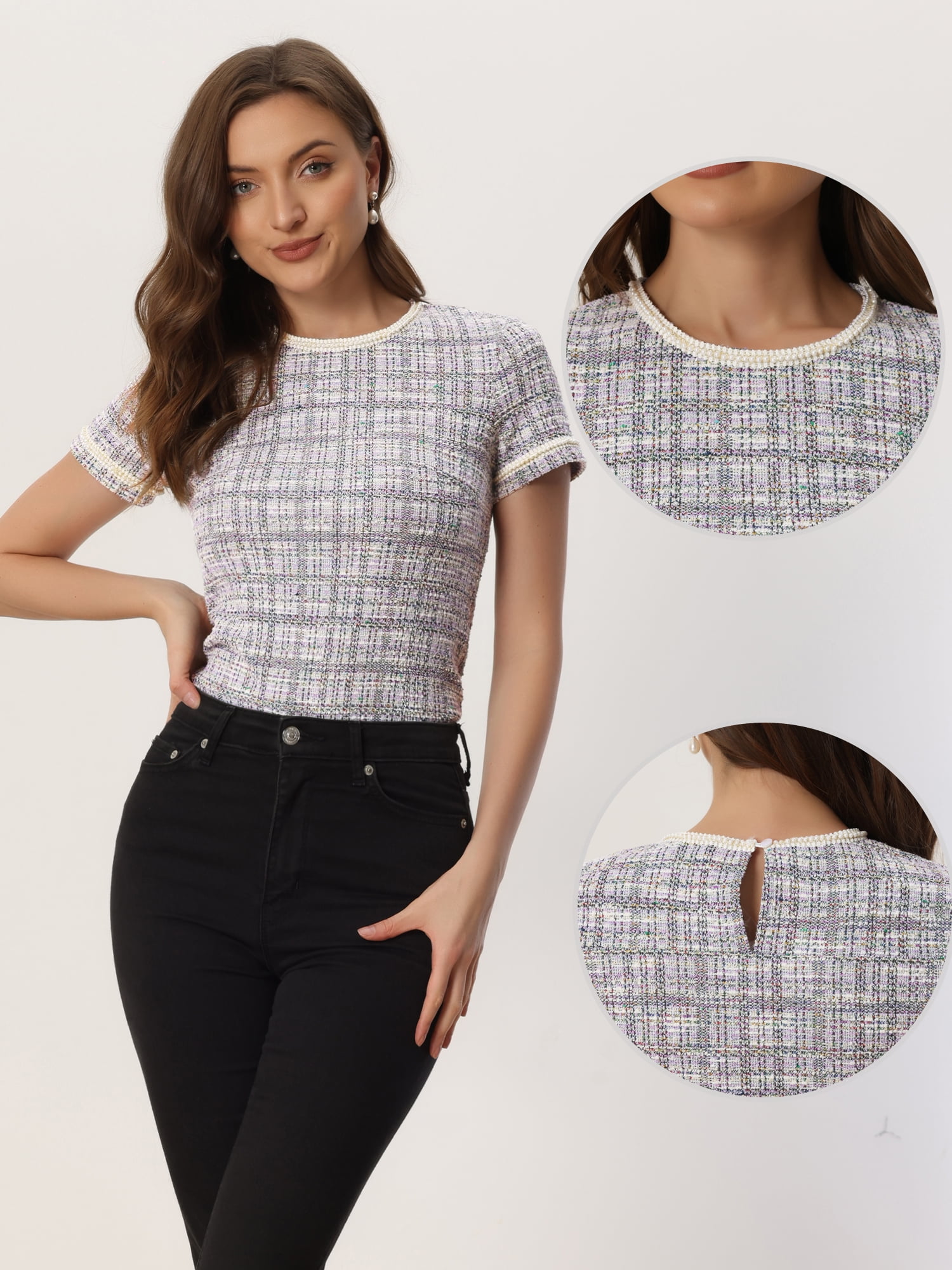 DARING DIVA Women's Round Neck Short Sleeve Tweed Top M Apricot