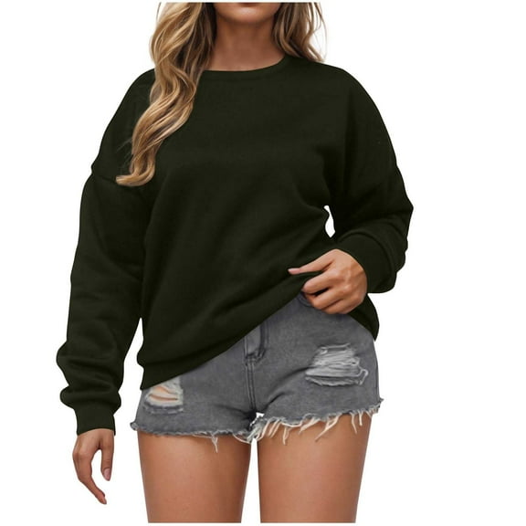 MELDVDIB Womens Oversized Crewneck Sweatshirt Fall Winter Fashion Casual Solid Color Long Sleeve Hoodless Sweatshirt Pullover Tops Army Green L