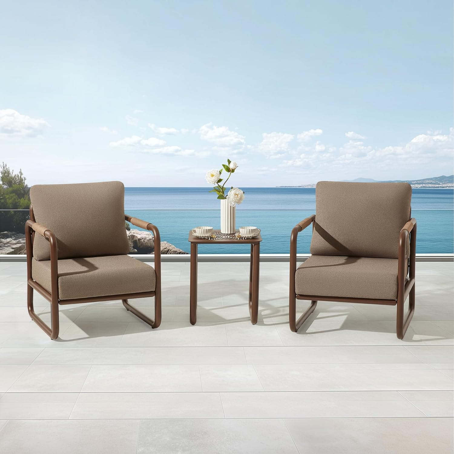 MBY Aluminum Outdoor Patio Furniture Set, 2-Seat Sofa with Coffee Table and Cushions, Weather-Resistant for Garden or Pool-Brown