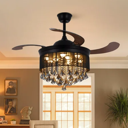 AFANQI 42" Invisible Ceiling Fan Light Crystal Chandelier Remote 3 Speed 3-Color LED