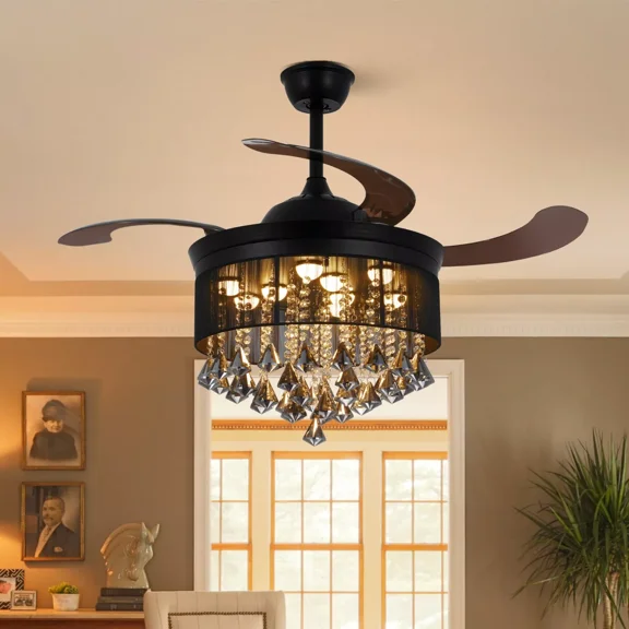 AFANQI 42" Invisible Ceiling Fan Light Crystal Chandelier Remote 3 Speed 3-Color LED