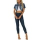 thumbnail image 2 of Chaqueta de mezclilla recortada de manga corta con cuello caído para mujer INSPIRE CHIC, azul medio, talla S, 2 of 6