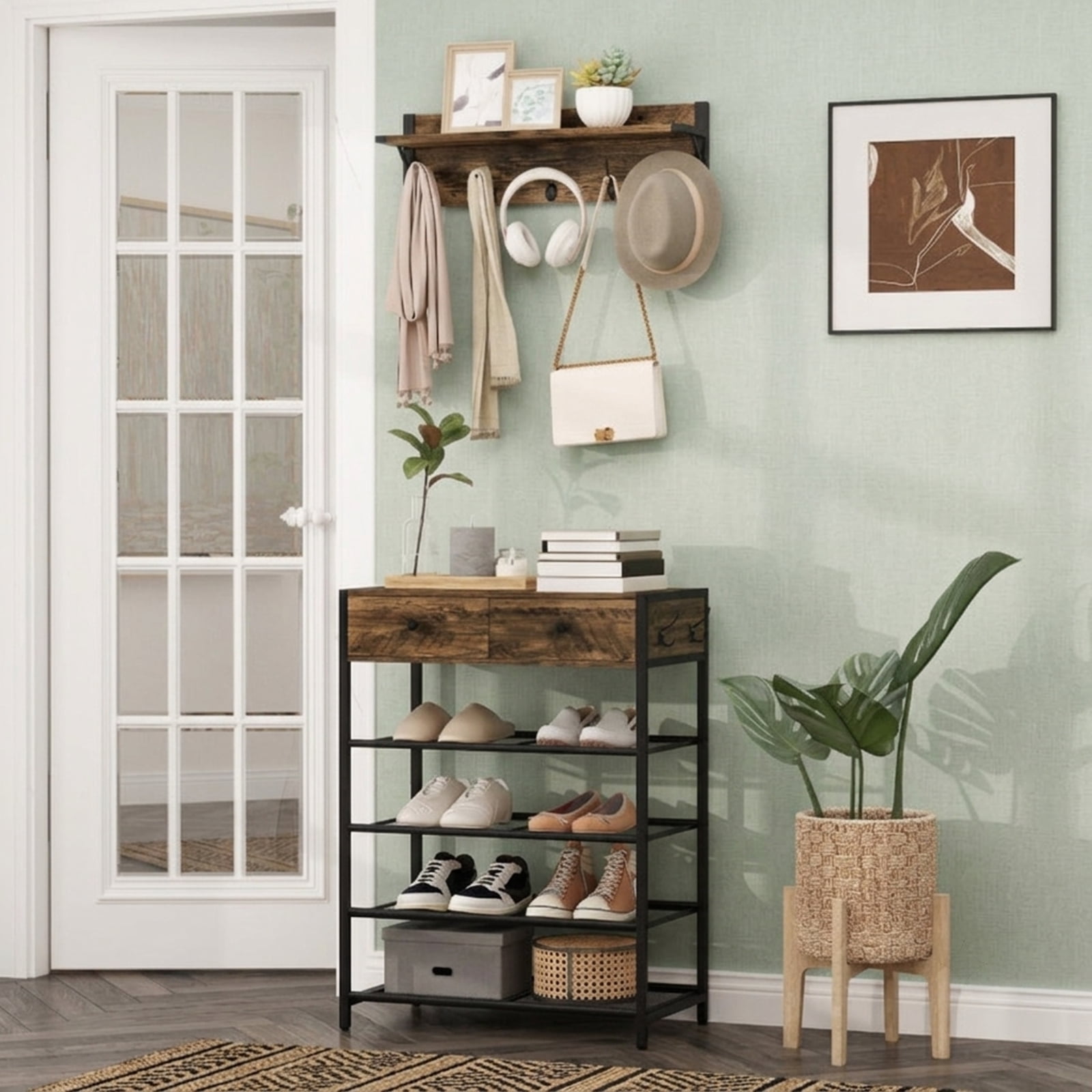 Furnibear 2 Piece Coat and Hat Rack Shoe Stand Set with Wall Mounted Hanger 5 Hooks Floating Shelf 2 Drawers and 4 Mesh Shelves for Entryway, Brown
