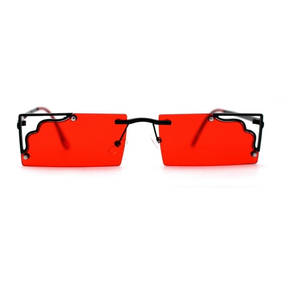 Retro Metal Geometric Deco Tip Rimless Sunglasses Black Red