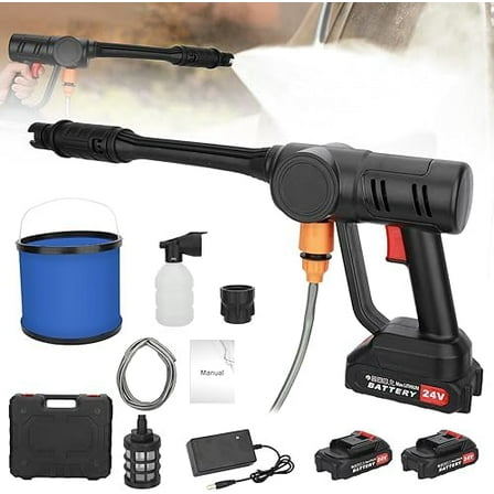Cordless Pressure Washer,725PSI Power Cleaner with Nozzle,Washing Metal High Pressure Jet with Bucket Water Pipe,180w Handheld High-Pressure Car Washer for Home/Floor Spring Cleaning(2 Batteries)