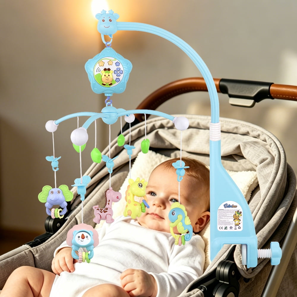 Baby Crib Mobile with Remote Control, Music, Star Planet Projector, 360° Rotation -  Musical Baby Mobile with Detachable Chewable Rattles & Teethers