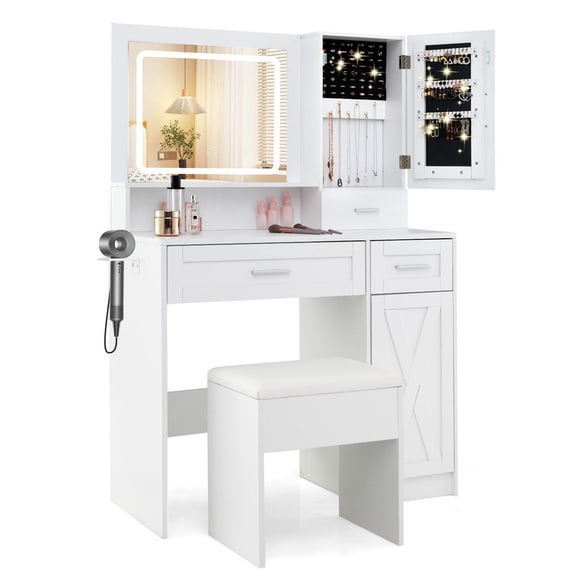 Vanity Set with LED Light Mirror & Charging Station, Farmhouse Makeup Vanity Desk with Storage Stool & Jewelry Cabinet for Bedroom