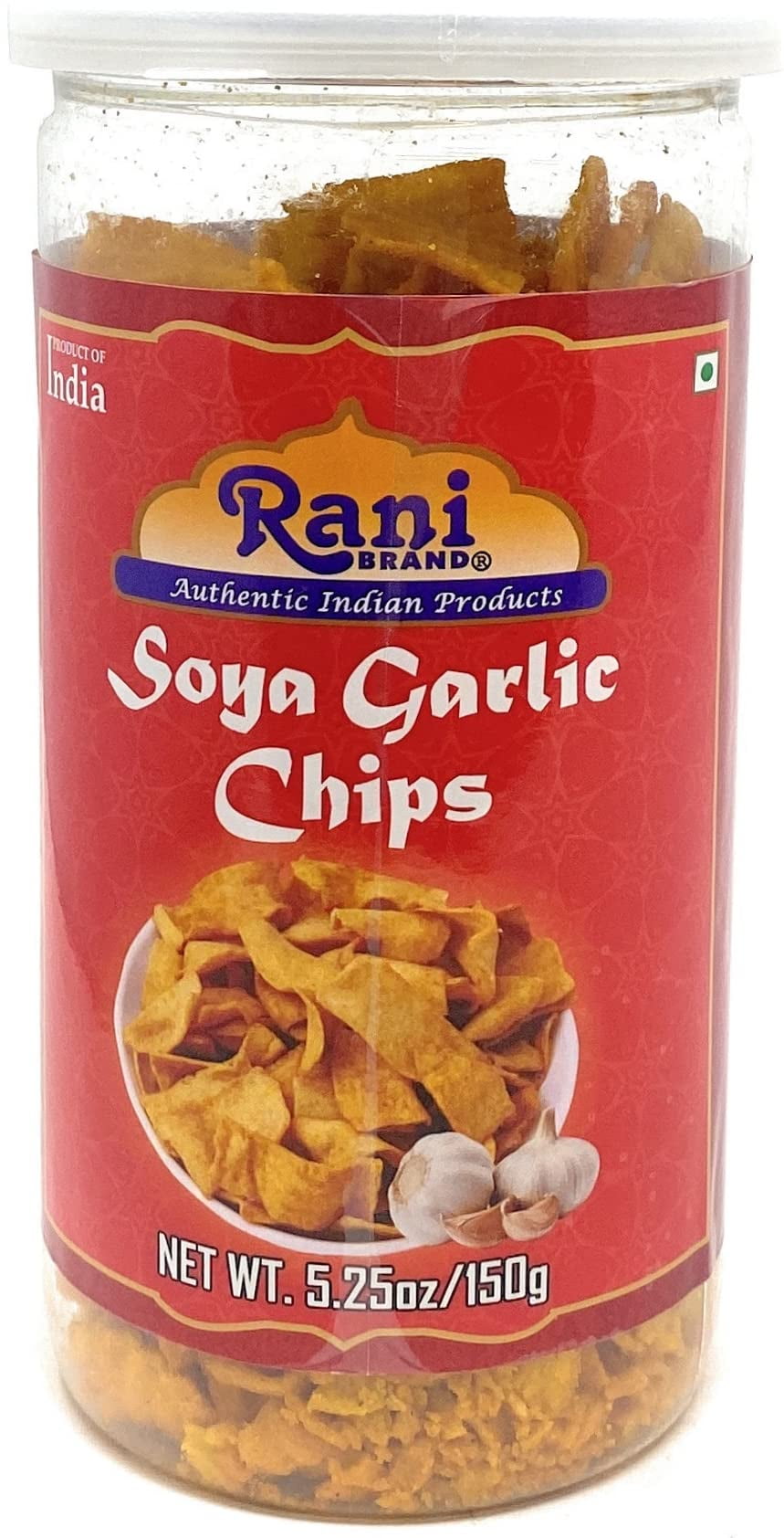 Rani Soya Chips Garlic 5.25oz (150g) Vacuum Sealed, Easy Open Top, Resealable Container Indian