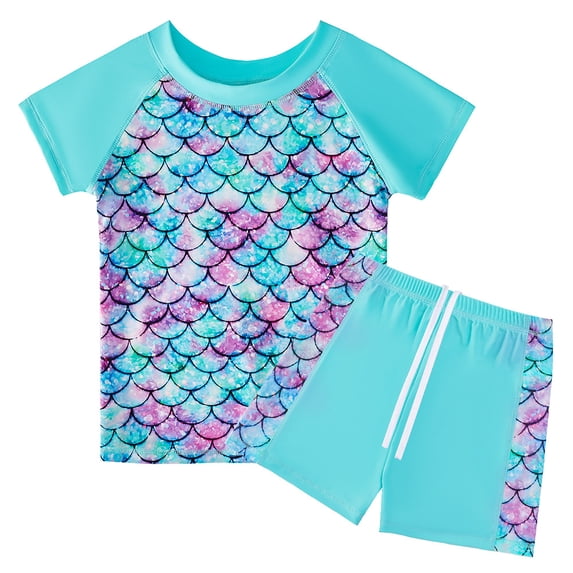 Girls Swimsuits Rash Guard Two Piece Set Short Sleeve Hawaiian Bathing Suit Kids Tankinis Swimwear 4-12T