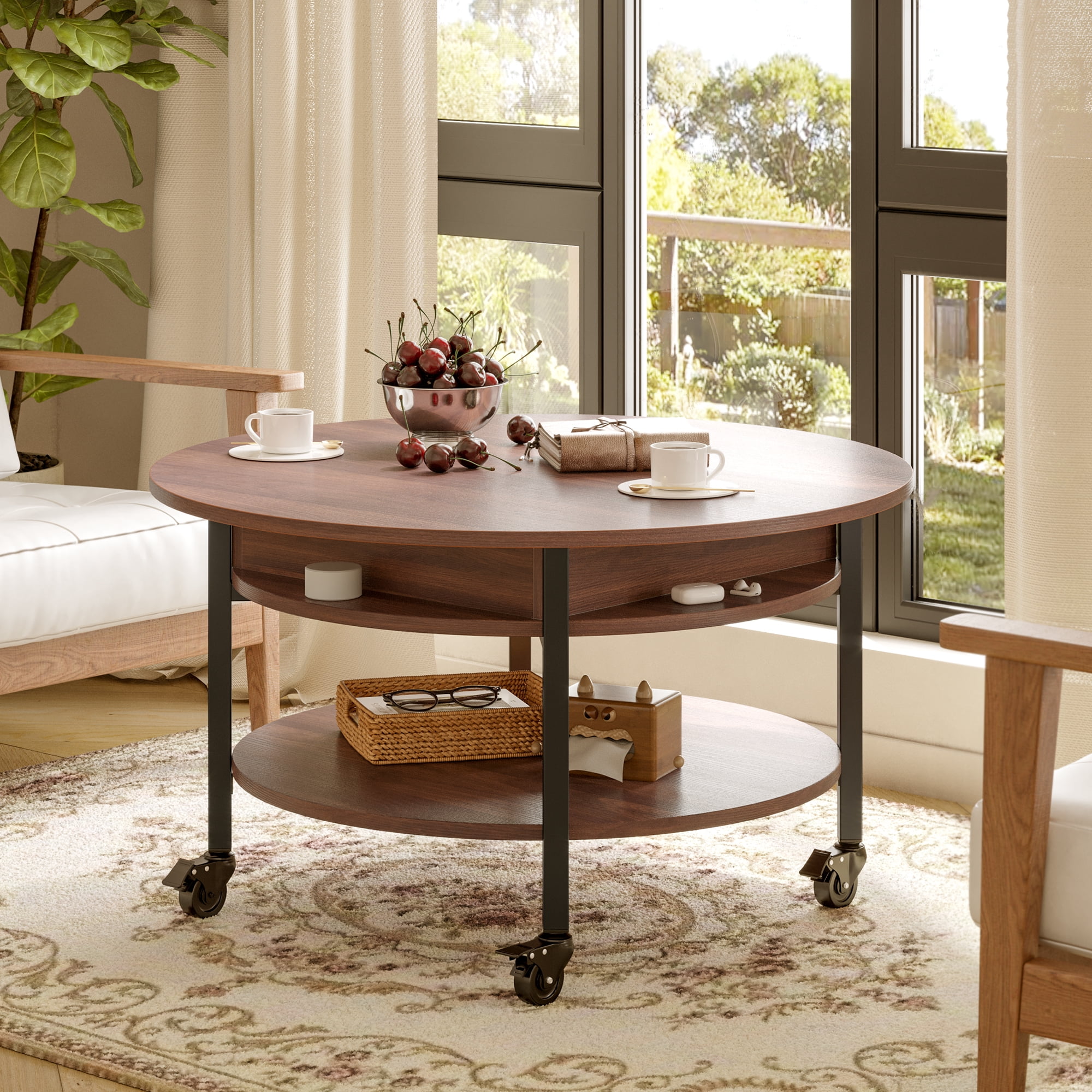 GUNAITO Round Small Lift Top Coffee Table on Wheels with Storage, Modern Farmhouse Center Table with Shelf Small Circle Table for Living Room, Walnut