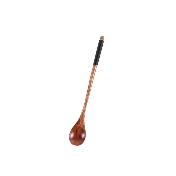 Wooden Coffee Spoon, Long Handle Vintage Finished Round Spoon with Black Wrapped Grip, 1 Piece, Non-scratch Kitchen Utensil for Stirring Brewing Coffee Tea Mixing Drinks