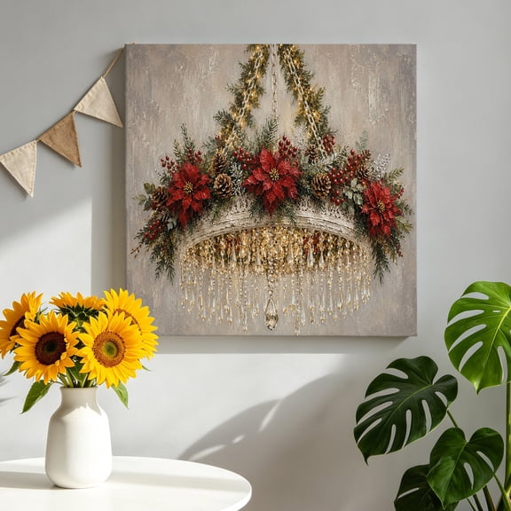 Canvas Wall Art Christmas Canvas Art Print Vintage Crystal Chandelier Red Poinsettia Holly Berry Pictures Wall Decor for Living Room Bedroom Artwork Decorations Stretched Framed Ready to Hang 10"x10"