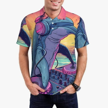 Uemuo Hip-Hop DJ Dolphin for Men’s Golf Shirt – Premium Pique Cotton Polo Soft & Breathable Casual Short Sleeve Shirt Comfortable Activewear for Sports & Leisure-4X-Large
