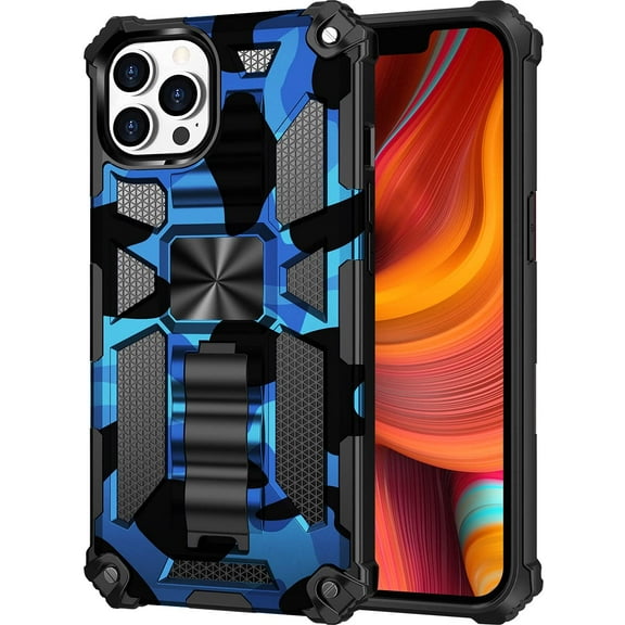 for iPhone 13 Pro Camouflage Design Case, Heavy Duty Shockproof Protection Military Grade Built-in Magnetic Kickstand Cover for iPhone 13 Pro MC Dark Blue