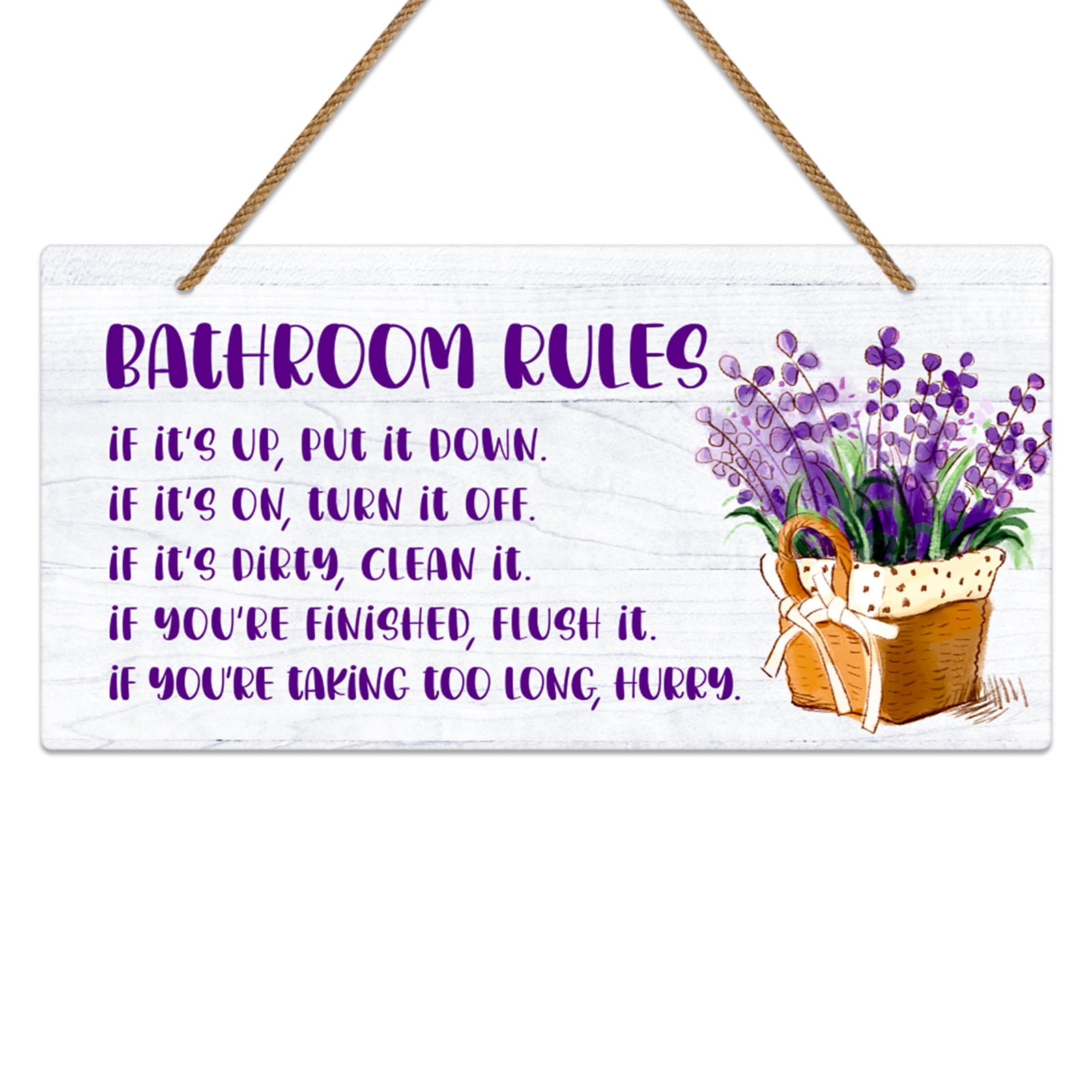 WaaHome Purple Bathroom Rules Sign,6"x12" Lavender Bathroom Decor Sign,Farmhouse Bathroom Rules