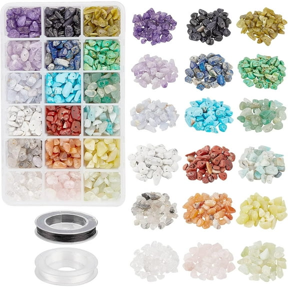 1 Box Chips Beads 18 Materials Chips rregular Beads Natural Gemstones Beads with 2 Rolls Elastic Thread for Jewelry Making DIY Crafts 5~8mmx5~8mm Colorful