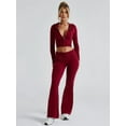 thumbnail image 6 of Womens Two Piece Knit Outfits Sweater Set Long Sleeve Zip Up Cropped Hoodie Top and Bootcut Pants Set Wine Red L, 6 of 8