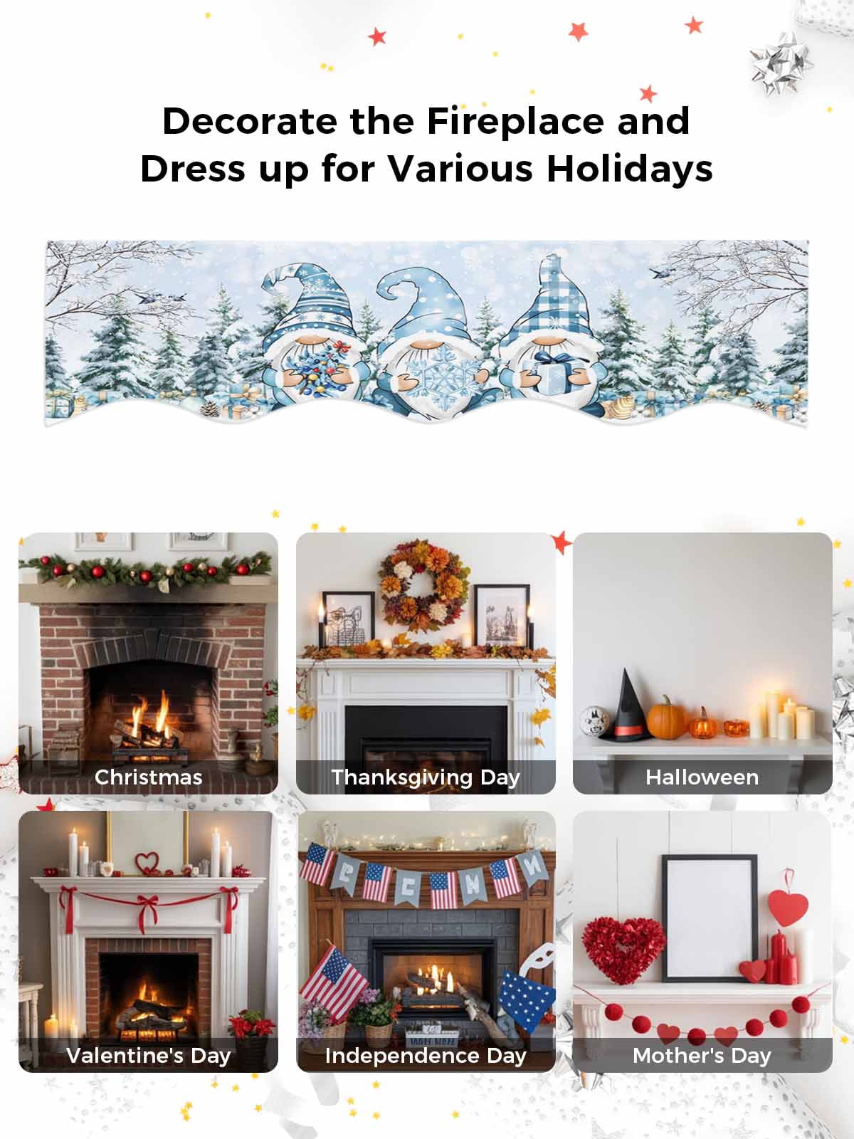 Christmas Blue Dwarf Fireplace Mantle Scarf Winter Snowing Pine Tree Branches Xmas Mantel Cover Runner Fireplace Cloth for Holiday Party Home Living Room Decor 70 x 17 Inch