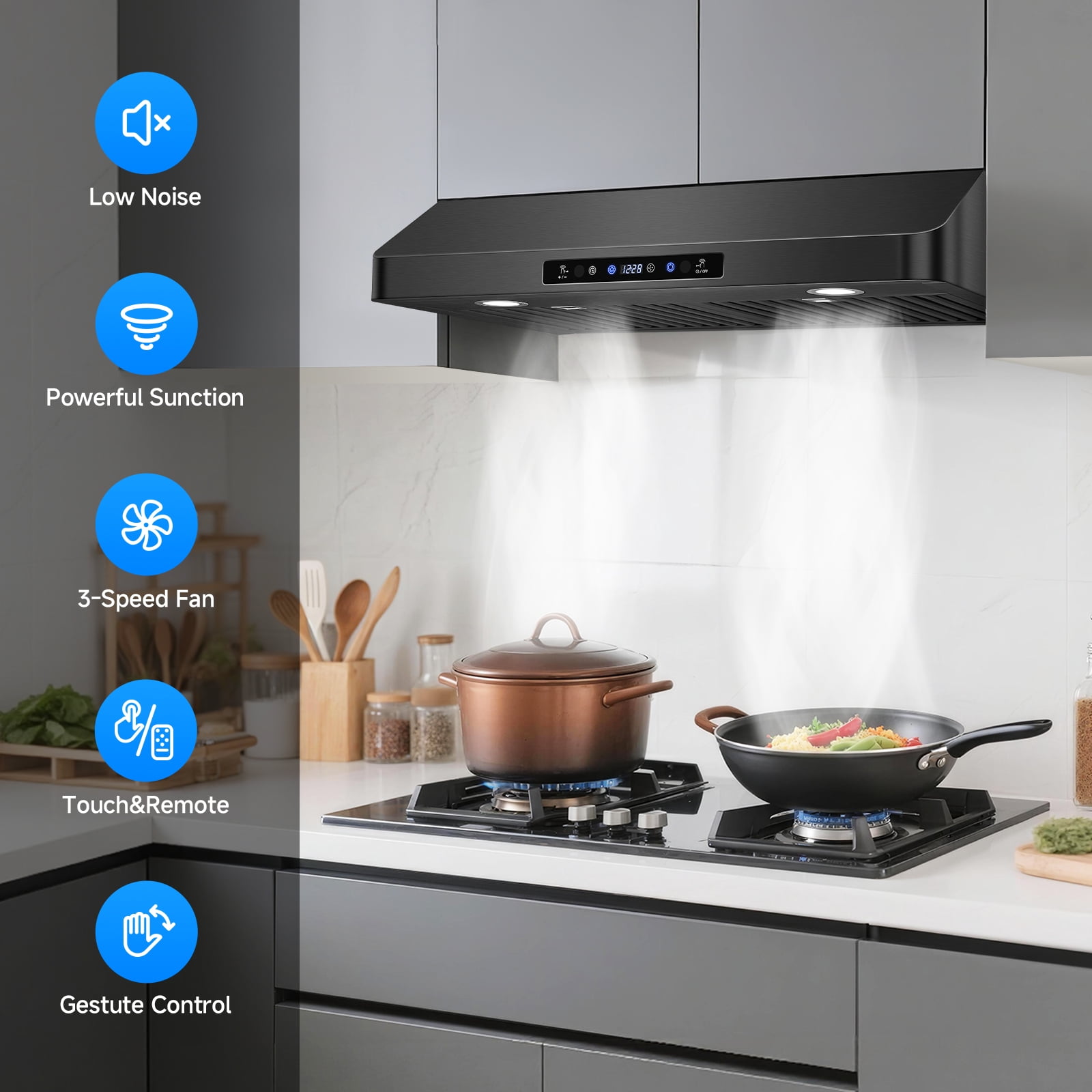 Aobosi Under Cabinet Range Hood 30 Inch, 750CFM Stainless Steel Kitchen Stove Vent Hood 3 Speed Exhaust Fan Touch/Remote/Gesture Control, Black