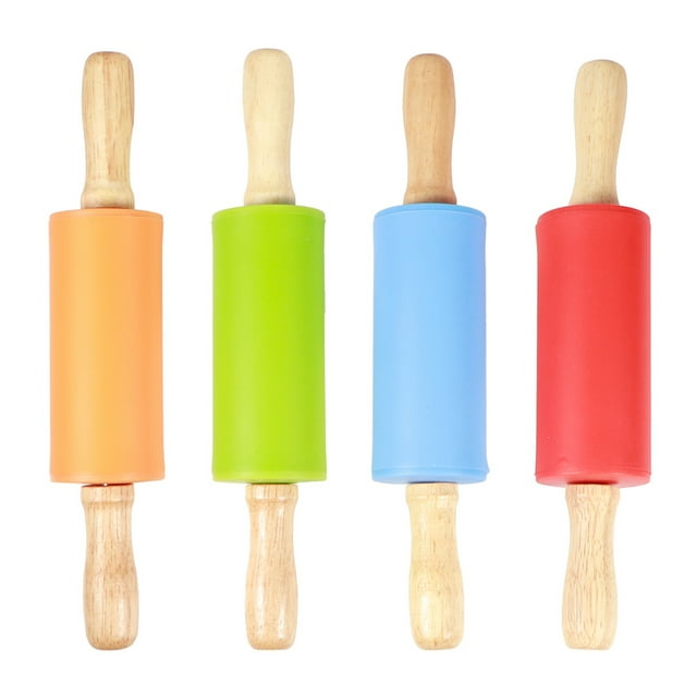 4PCS Mini Rolling Pin - Wooden Handle Non?Stick Silicone Rolling Pins for Home Kitchen Children Baking Tool