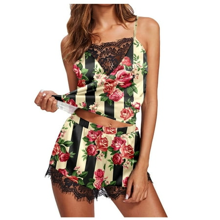 

Women Fashion Print Pajamas Sleeveless Vest Lace Cami Shorts Bluse Sets women s sexy lingerie lingerie for women sexy women s sexy lingerie