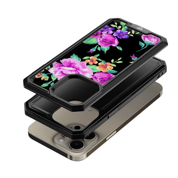 For iPhone 15 PRO Case Print Design Fused Hybrid Phone Cover 2 Tempered Glass