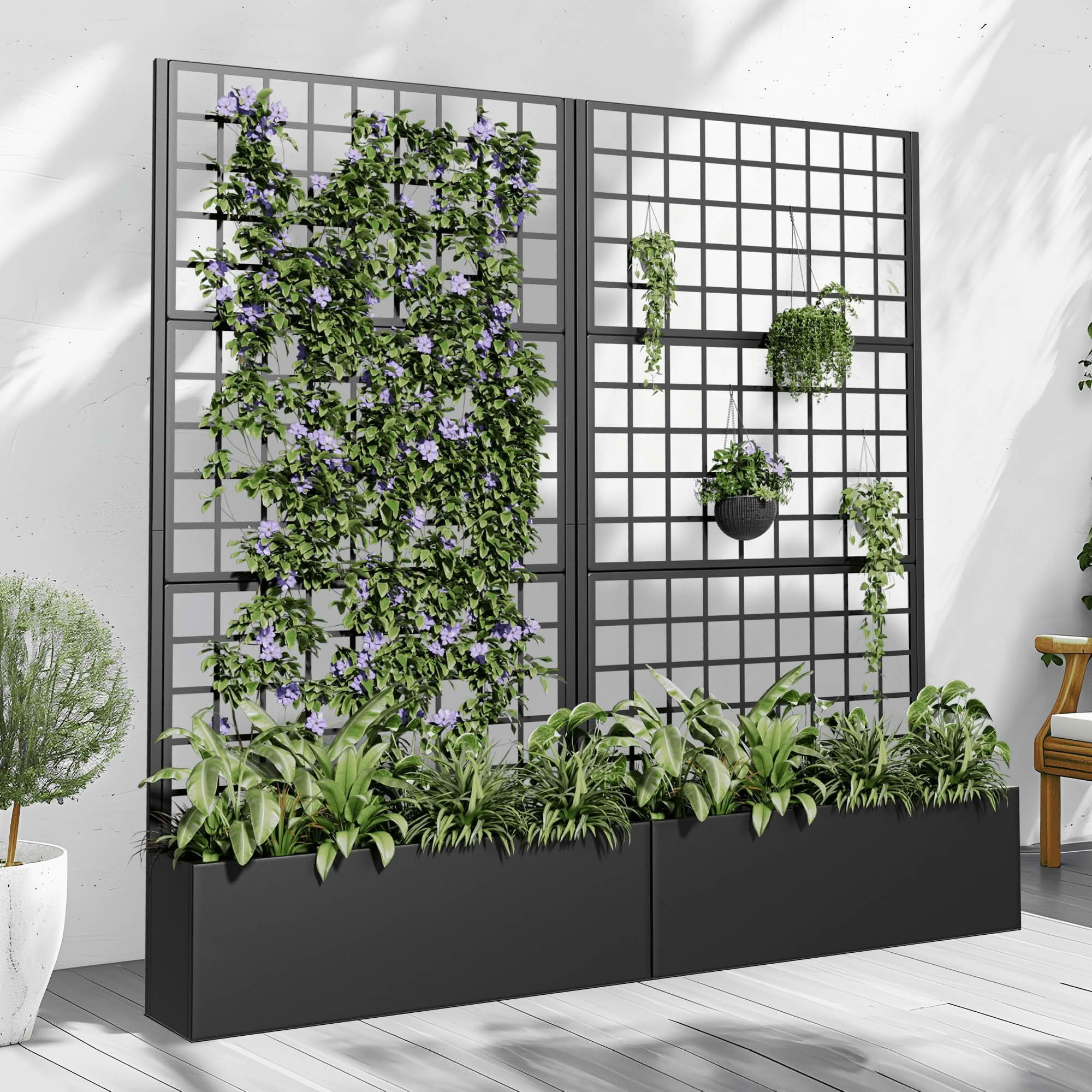 MAYEERTY 72x35x16 Inch Black Metal Rectangular Planter Box with Trellis, 5 Piece Set for Outdoor Garden & Patio