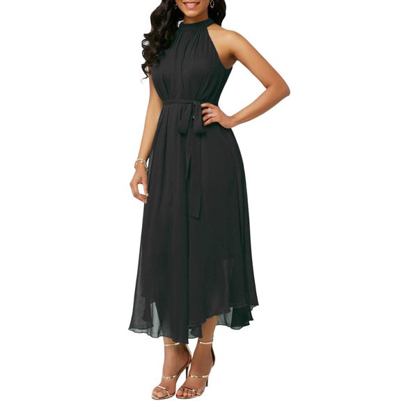 chouyatou Women's Summer Halter Neck Sleeveless Party Beach Maxi Chiffon Dress
