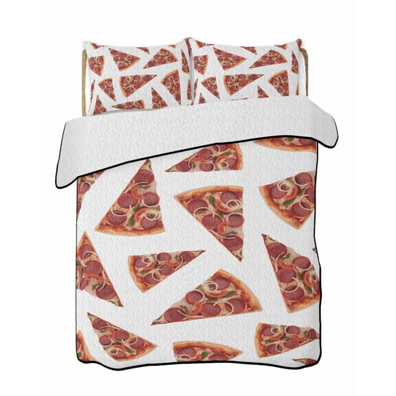 Quilts Full Size Bedding Set, Pizza Modern Art Lightweight Quilted Comforter, Farmhouse Art Red Soft Reversible Bedspread Coverlet with Pillow Covers for All Season, 78" x 90"