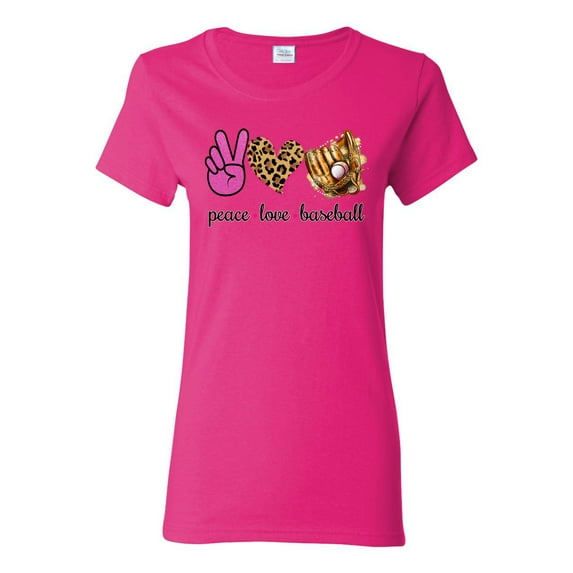 Peace Love Baseball Sports Womens Graphic T-Shirt, Fuschia, Medium