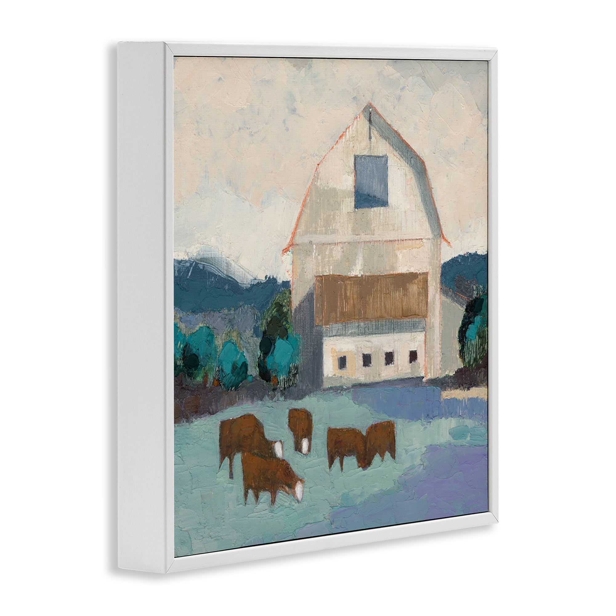 Stupell Industries Barnyard Grazing Cattle Landscape Painting White Framed Art Print Wall Art, 12 x 12