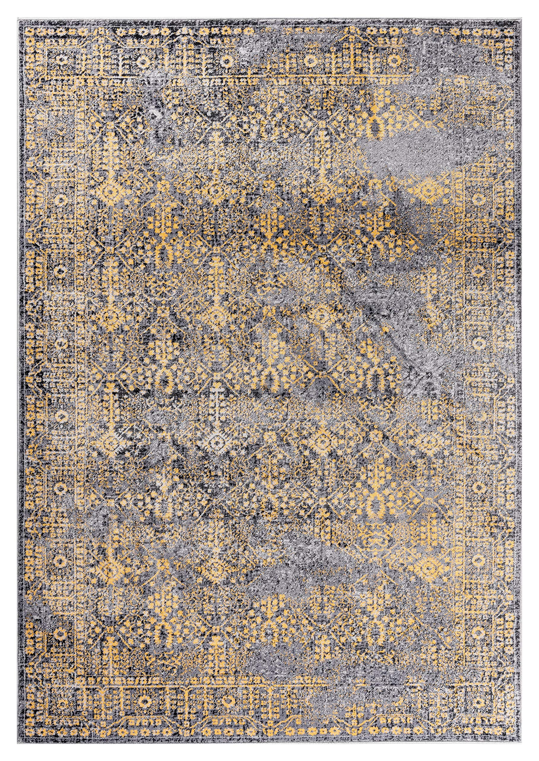 GAD Premium Indoor Contemporary Oriental Vintage Distressed Area Rug (5'3"x 7'6") Grey, Black & Yellow Abstract Living Room Rug - Hallway, High Traffic Inside Rug - Stain & Fade Resistant - image 4 of 5