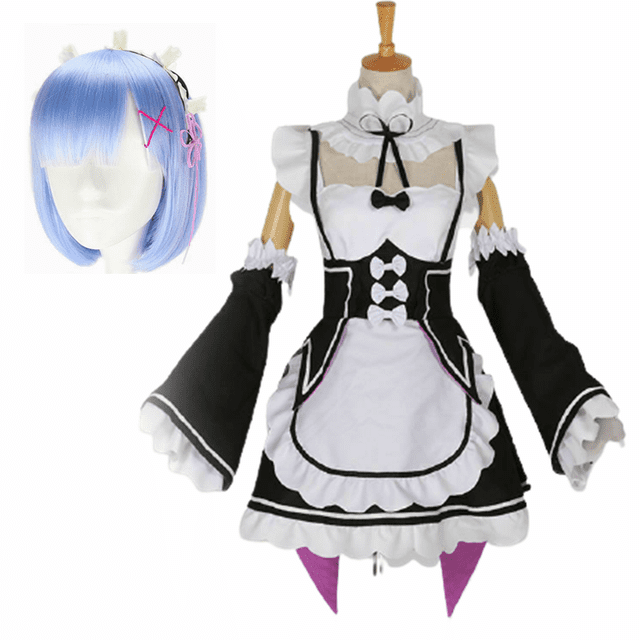 Ram Rem Cosplay Costume, Anime Re:zero Kara Hajimeru Isekai Seikpetrol Uniforme Perruque, Robe Lolita Femme Servante, Tablier Fille